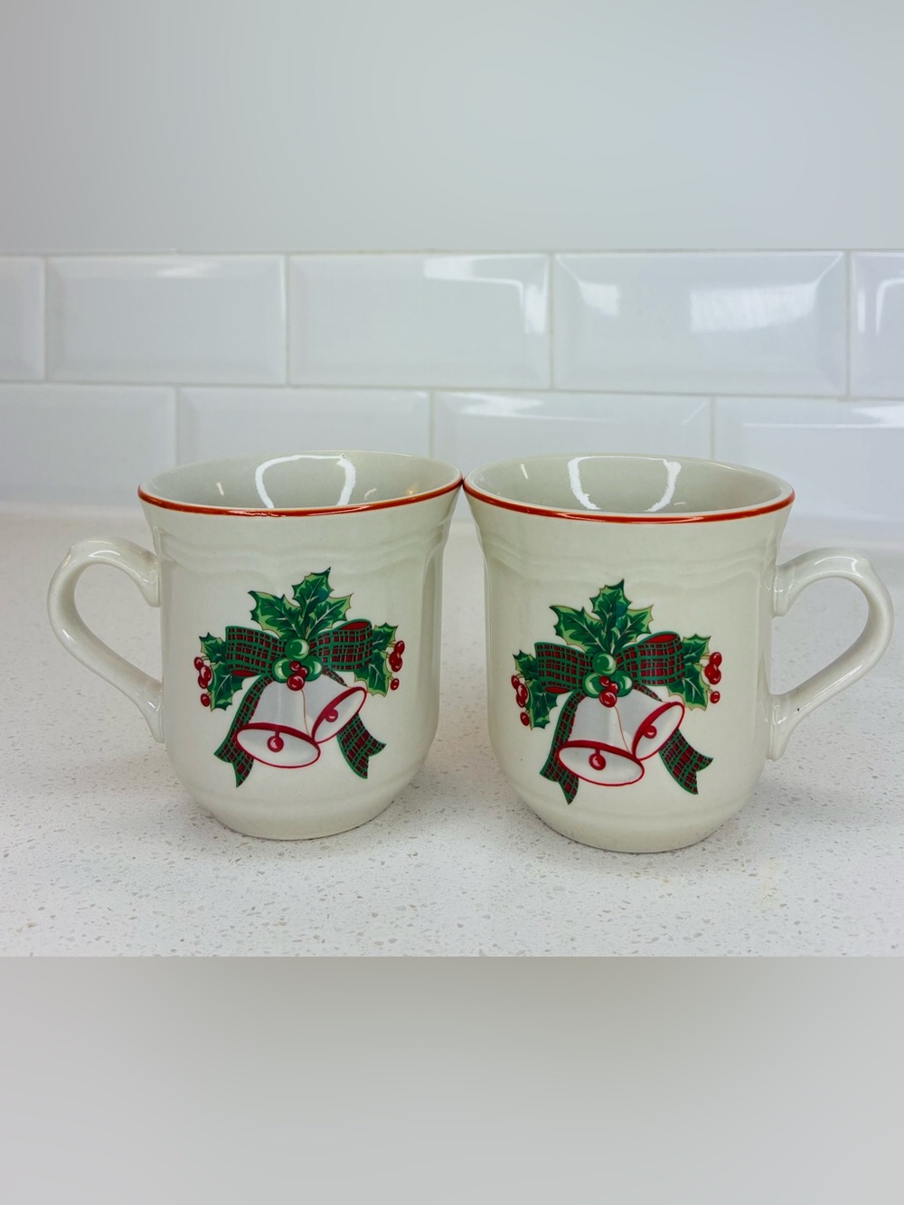 Vintage Sango Stoneware Jingle Bells 1989 Coffee Tea Cups Mugs